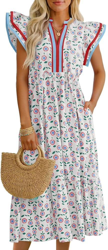 Wenrine Womens Summer Floral Midi Dresses Ruffle Cap Sleeve V Neck Flowy Boho Casual Beach Vacati... | Amazon (US)