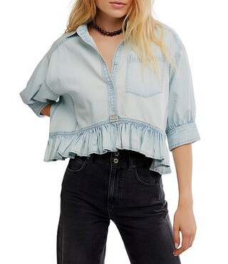 Bailey Collared Neckline Short Balloon Sleeve Ruffle Hem Denim Top | Dillard's