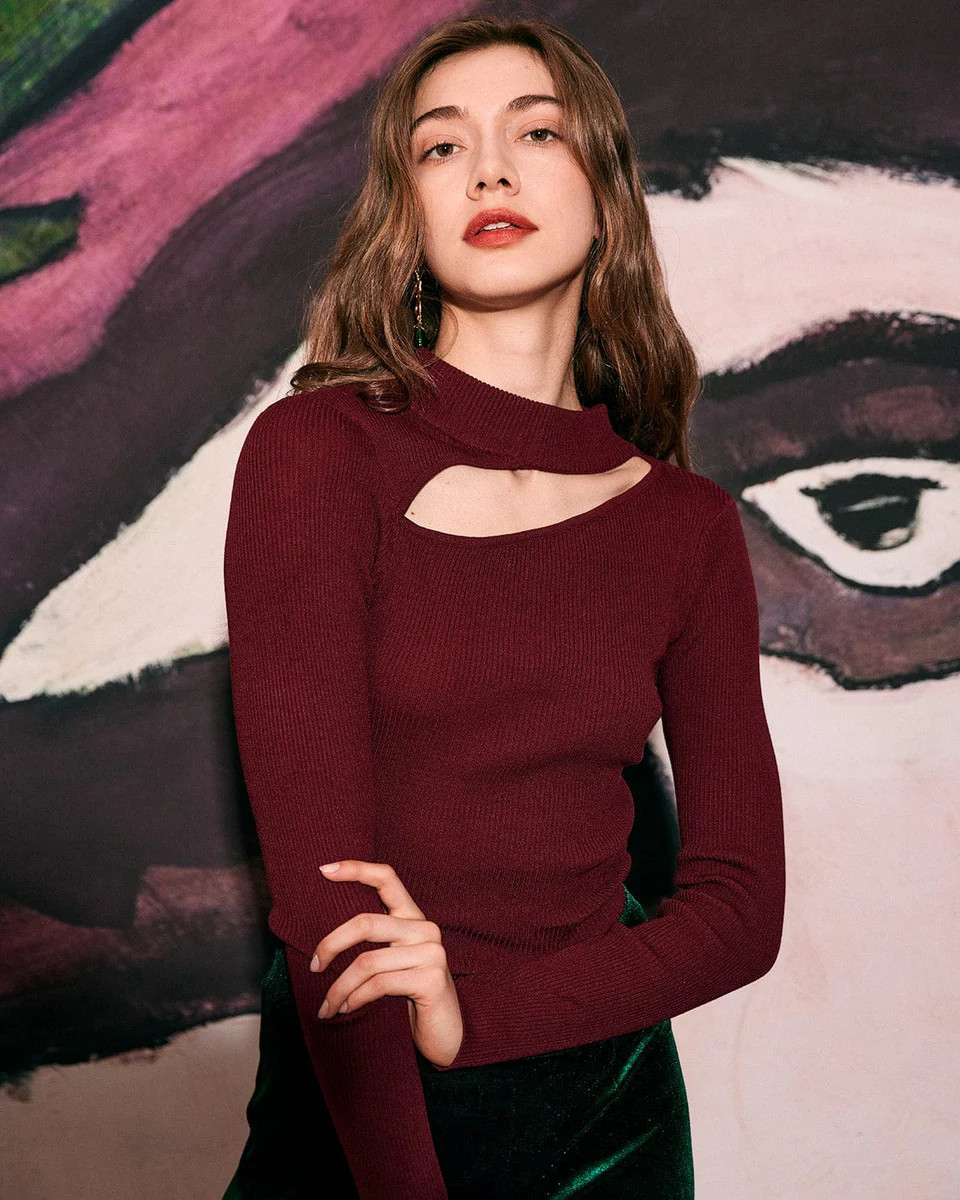 The Slim-Fitting Cutout Knit Top - Women's Cutout Knit Long Sleeve Top - Wine Red - Tops | RIHOAS | rihoas.com