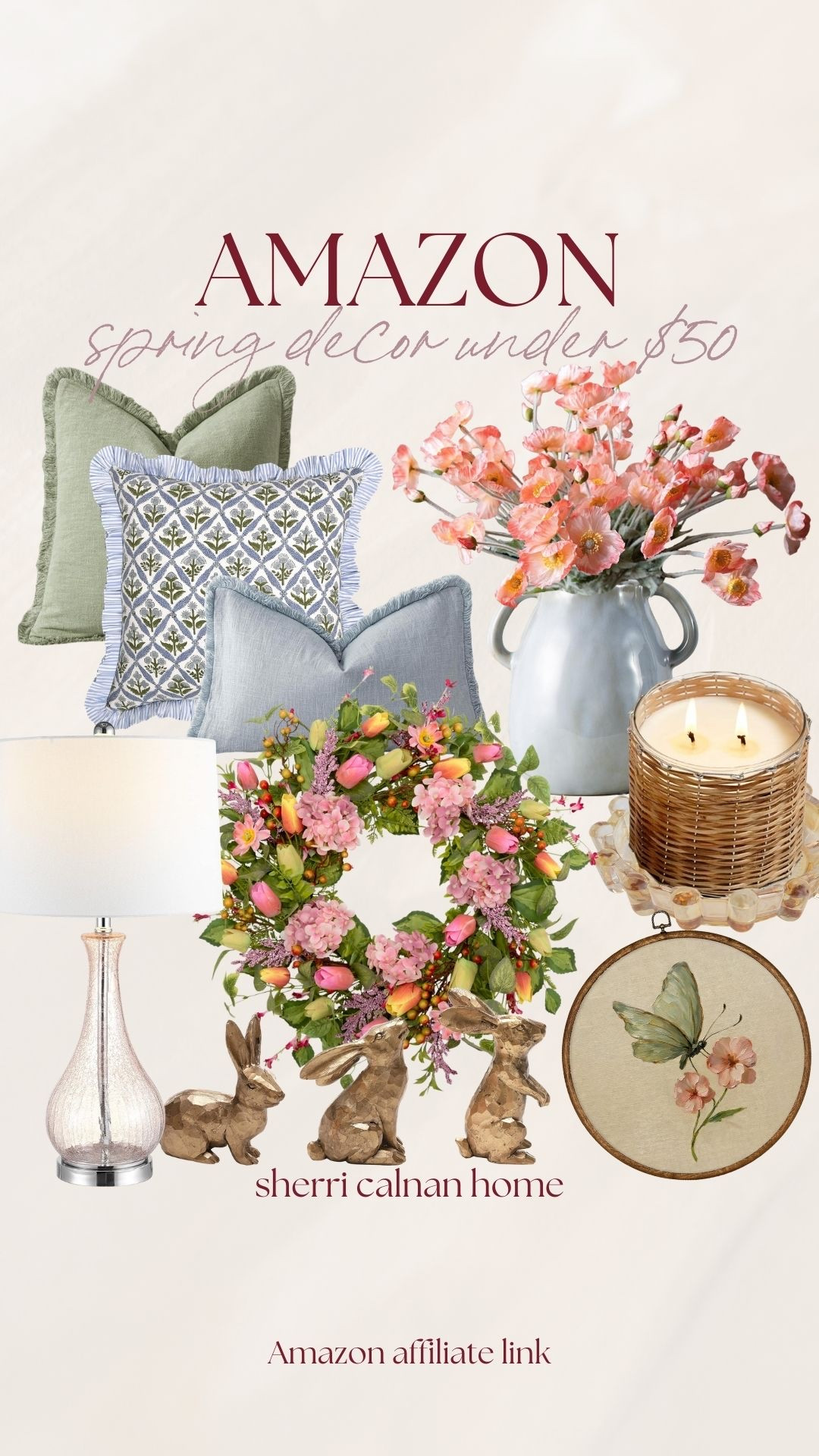 Affordable Amazon spring decor under $50 including floral throw pillows, faux spring wreath, ceramic bunny decor, woven candle holder, butterfly wall art, and soft neutral table lamps. These budget friendly finds are perfect for adding cheerful spring touches throughout your home.

Amazon spring decor, spring home decor under $50, floral throw pillows, faux spring wreath, ceramic bunny decor, butterfly wall art decor, woven candle holder, affordable spring decorating, budget home decor finds, Amazon home styling, sherricalnanhome

#LTKHome