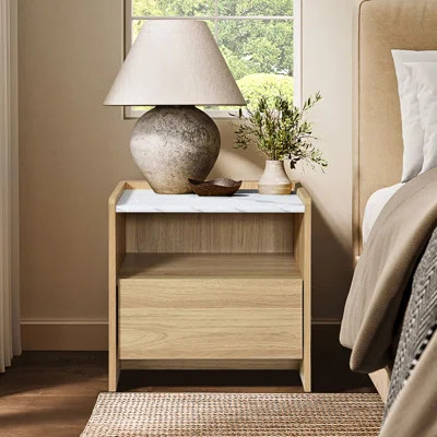 Hazel Oak Nightstand & End Table with Faux Marble Top, Manufactured Wood | Wayfair North America