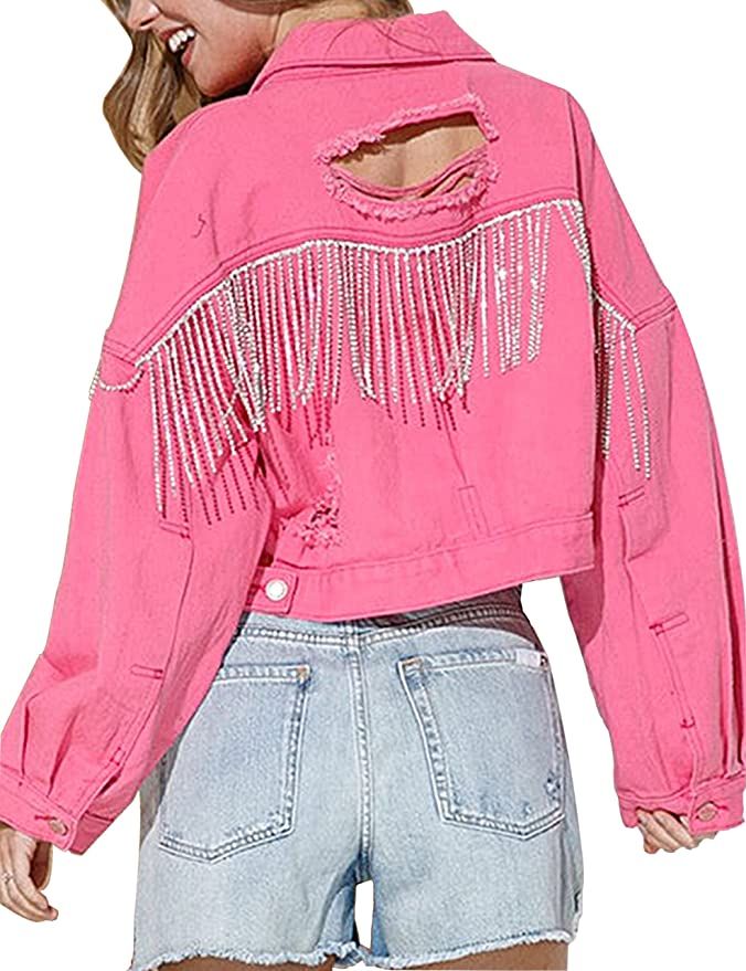 Joiemont Womens Denim Jacket with Fringe Rhinestones Long Sleeve Distressed Ripped Denim Jackets ... | Amazon (US)