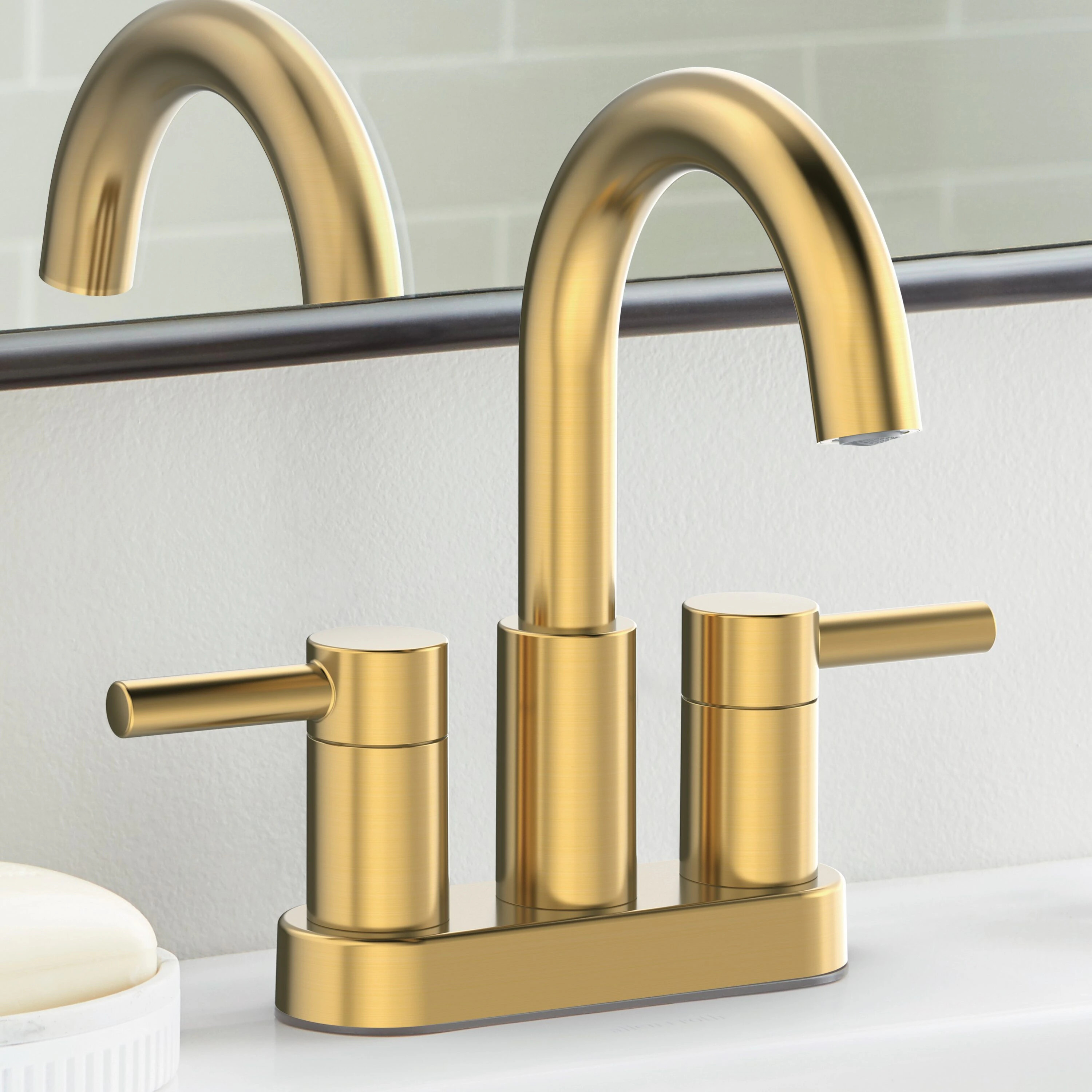 allen + roth Harlow Brushed Gold 4-in centerset 2-Handle WaterSense Bathroom Sink Faucet with Dra... | Lowe's