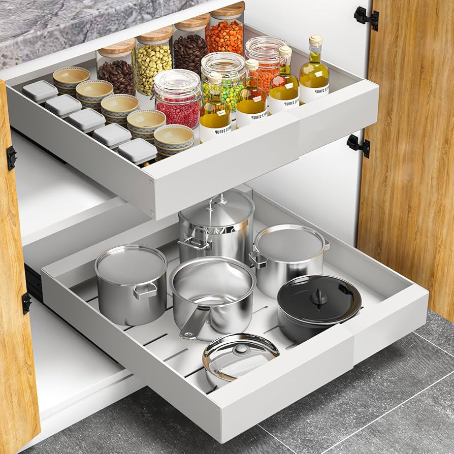 Expandable Pull Out Cabinet Drawers Organizer, Slide Out Cabinet Organizer Shelves with Adhesive ... | Amazon (US)