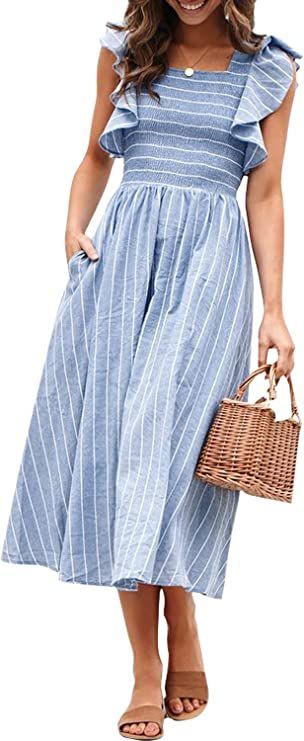 Miessial Women's Striped Linen Long Dress Elegant Ruffle Cap Sleeves Midi Dress | Amazon (US)