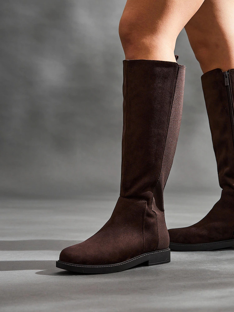 Linzi Brown Wide Fit Wide Fit Steel High Leg Boots With Stretch Panel | Next EU