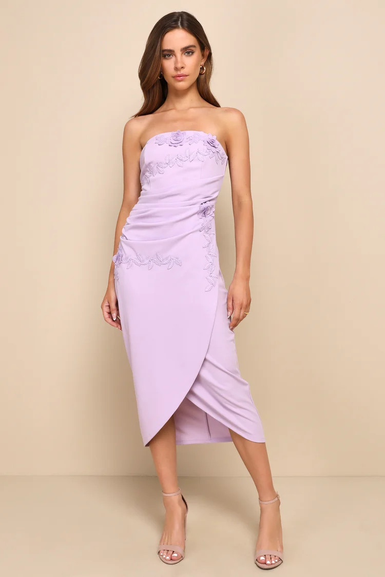 Sophisticatedly Sultry Lilac Strapless Ruched Bodycon Midi Dress | Lulus