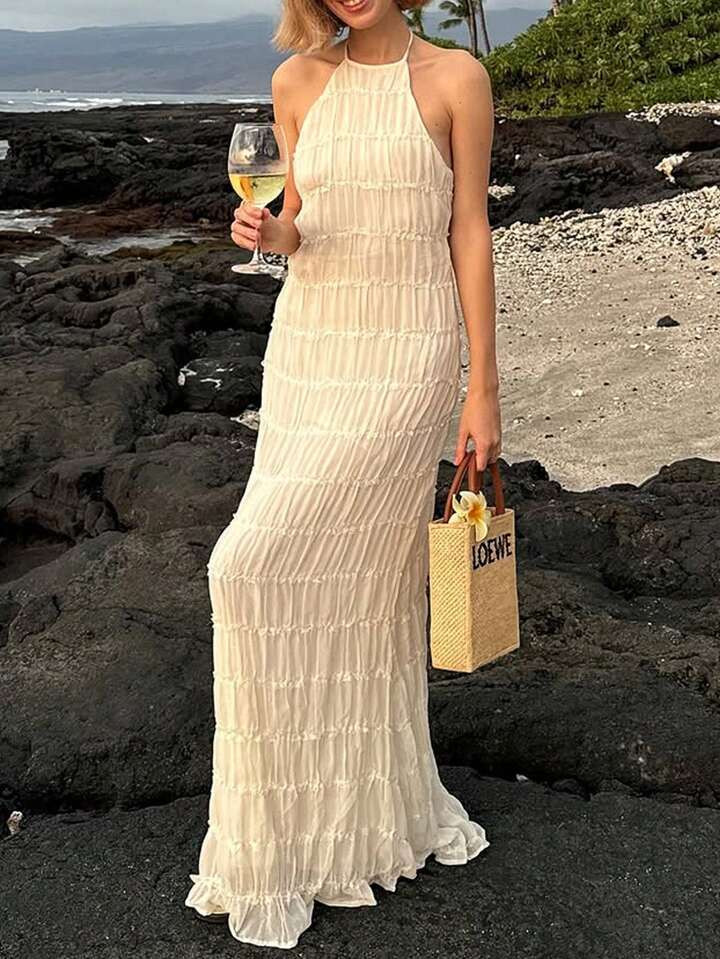 NewBohemian Sexy Ruched Long Backless Dress | SHEIN