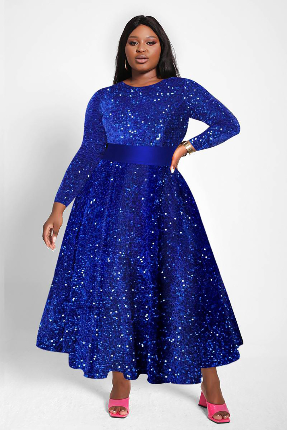 Xpluswear Design Plus Size Royal Blue Semi Formal Round Neck Long Sleeve Sequin Midi Dresses | Xpluswear