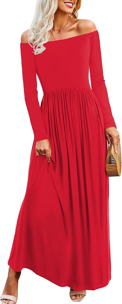 Amoretu Dresses for Women Long Sleeve Off Shoulder Maxi Flowy Casual Loose Plain Dress with Pocke... | Amazon (US)