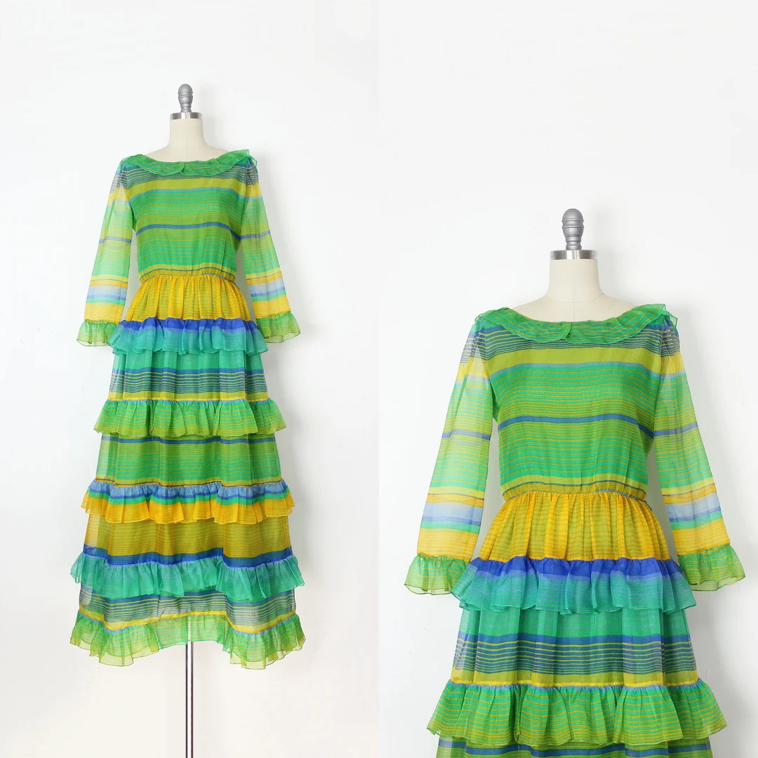 vintage 60s Oscar de la Renta dress / 1960s organza dress / tiered maxi dress / spring green dres... | Etsy (US)