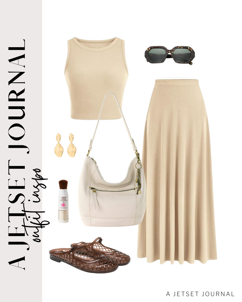 A beige two-piece outfit, including a tank top and maxi skirt, is the first look in this collection. You can tone it down with clear jelly slides and The Sak Sequoia bag. These PAVOI earrings are perfect for this fit, too.	

#LTKSeasonal #LTKSaleAlert #LTKTravel
 

 