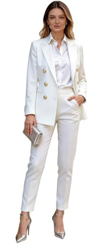 Botong 2 Pieces Women Suit Double Breasted Business Suit for Work Professional Peak Lapel Blazer Pants Set White 2 | Amazon (US)