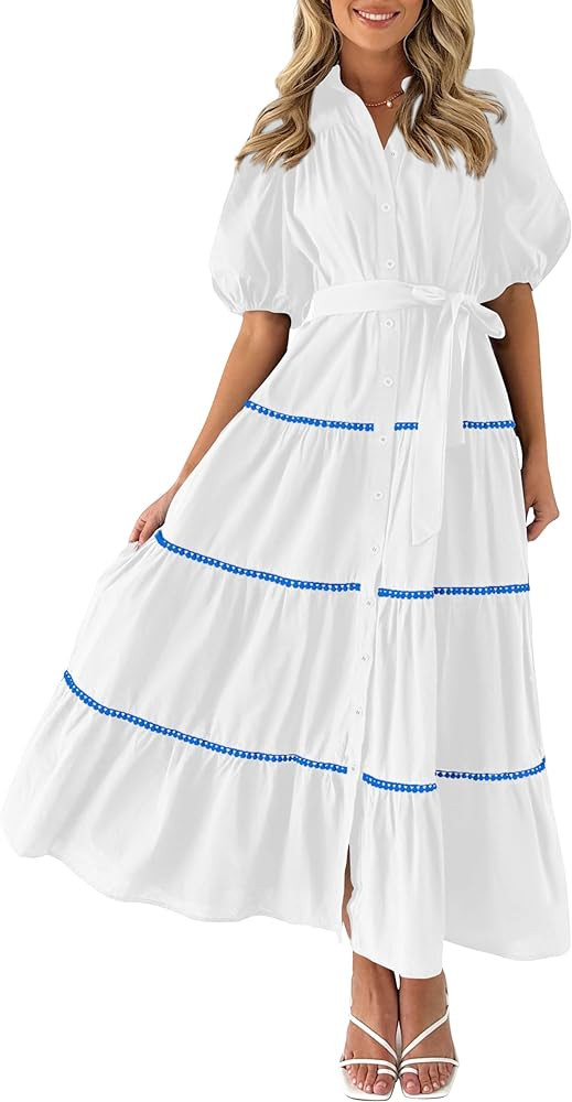 PRETTYGARDEN Women's Summer Button Down Shirt Dress Short Puffy Sleeve Tiered Ruffle Flowy Long M... | Amazon (US)