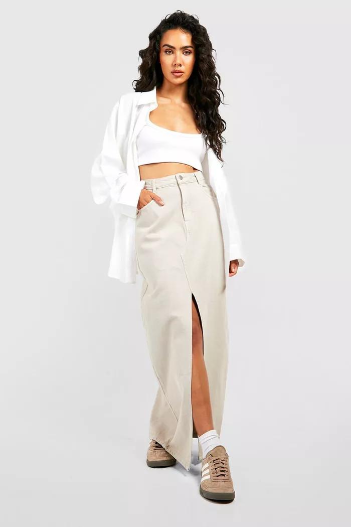 Split Front Denim Maxi Skirt | Boohoo.com (US & CA)