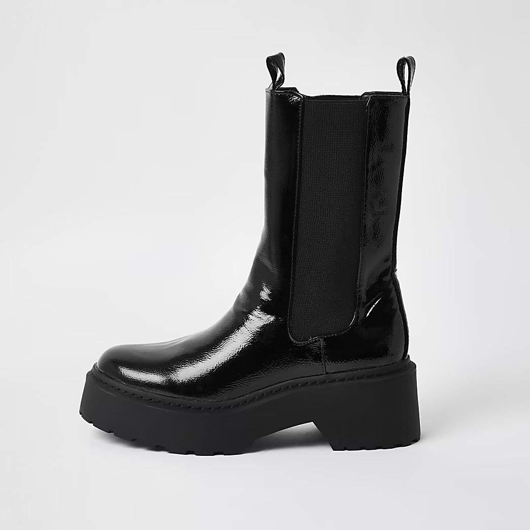 Black faux leather patent chunky boots | River Island (UK & IE)