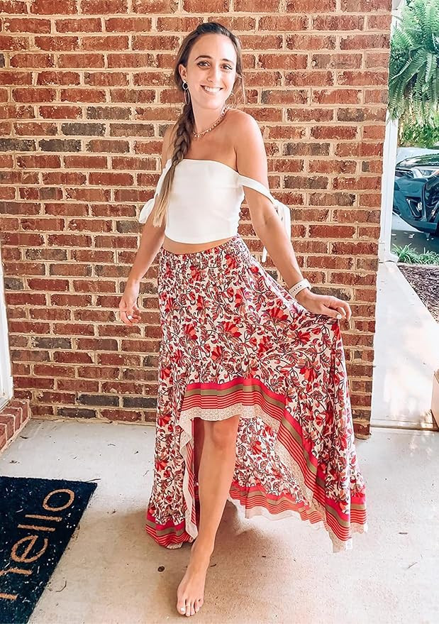 BTFBM Women 2026 Spring Summer Long Skirts Dress Boho Floral Elastic Waist Split Ruffle High Low ... | Amazon (US)