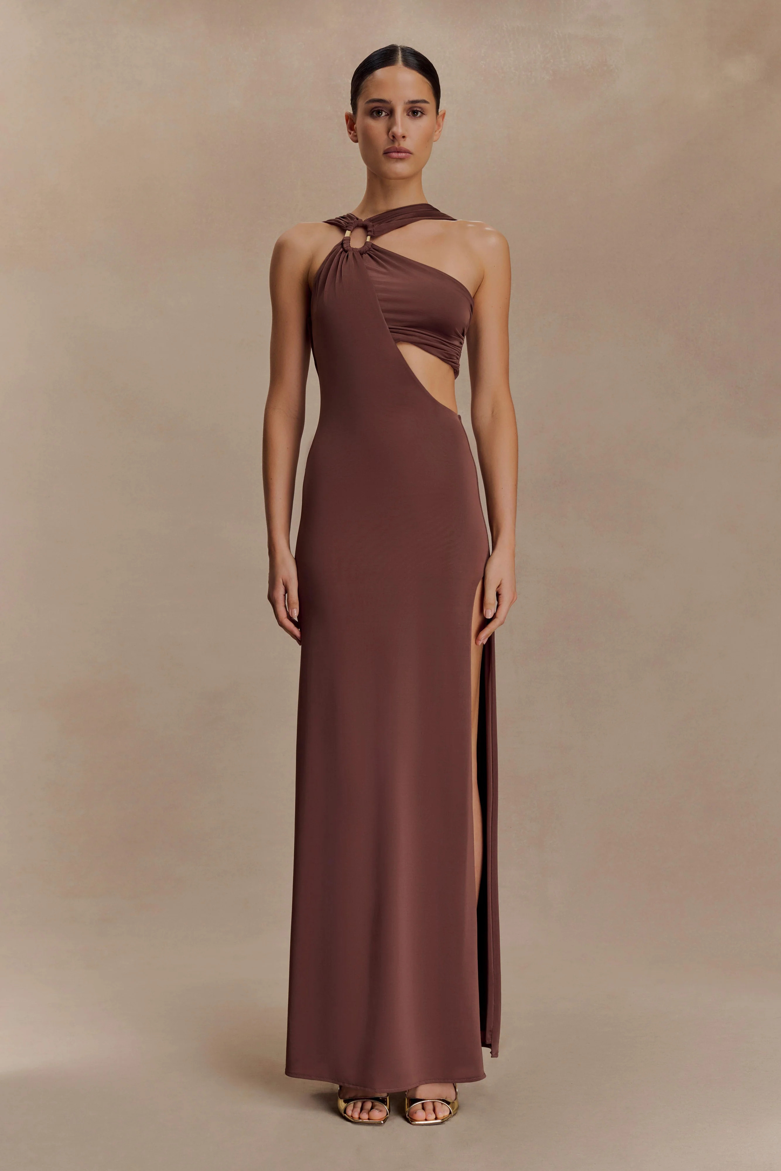 Slinky Maxi Dress With Split - Chocolate | MESHKI US
