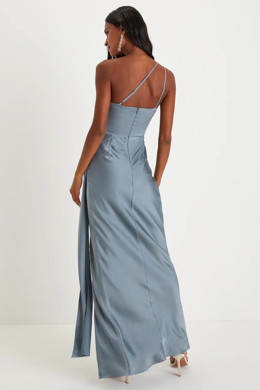 Signature Elegance Slate Blue Satin One-Shoulder Maxi Dress | Lulus