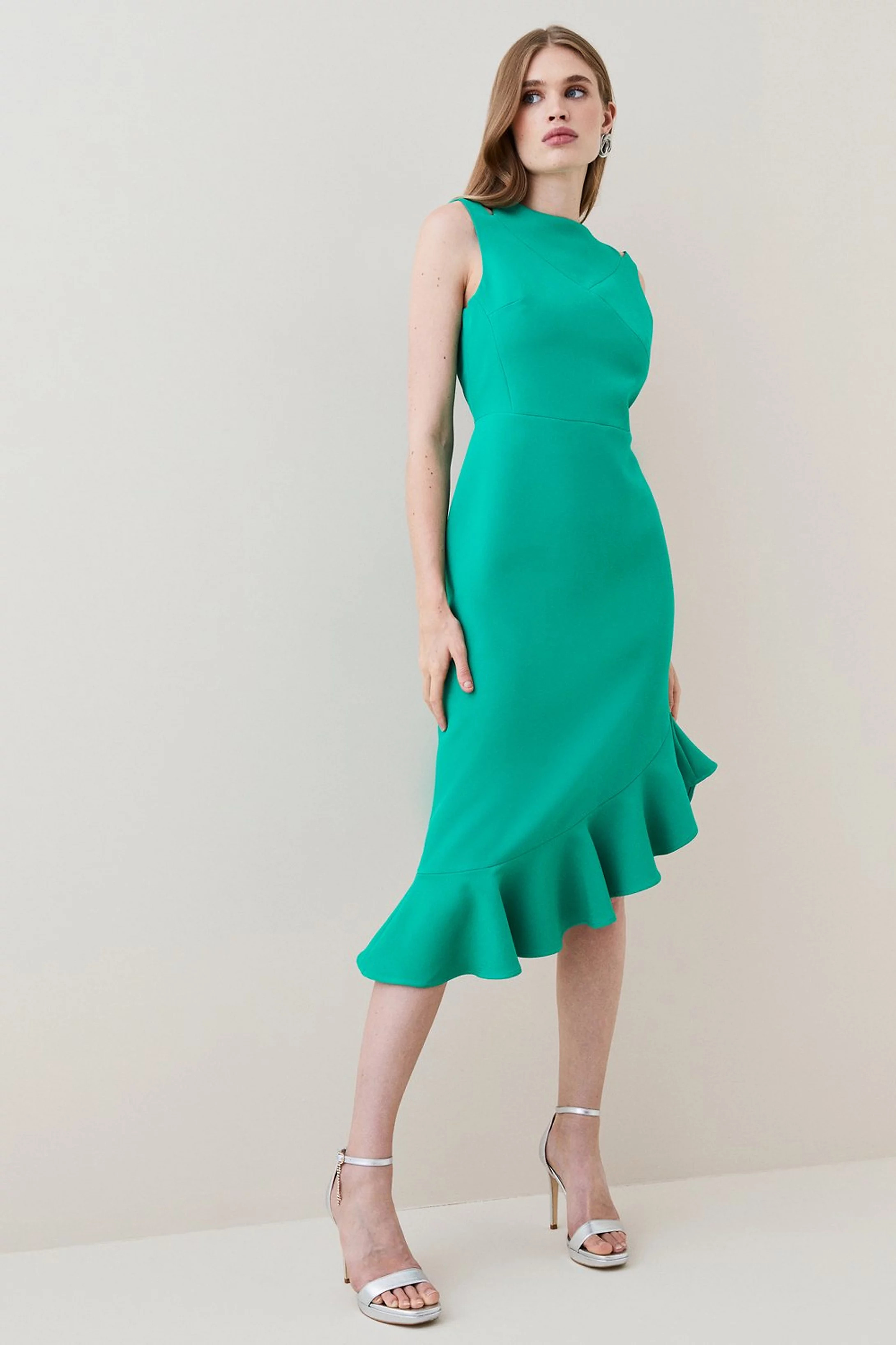 Structured Crepe Cut Out Ruffle Hem Midi Dress | Karen Millen US
