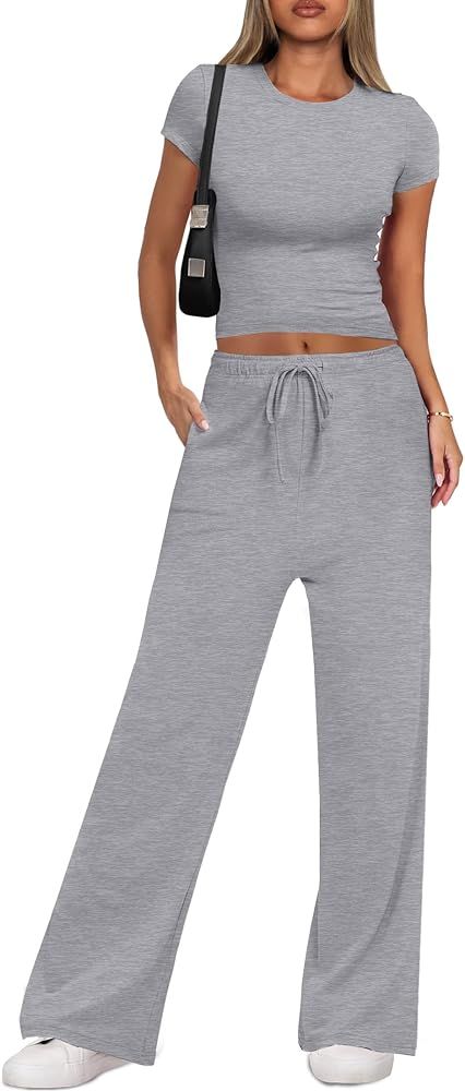 ANRABESS 2 Piece Sets for Women Summer Outfits Lounge Matching Set Crop Tops Wide Leg Pants 2024 ... | Amazon (US)