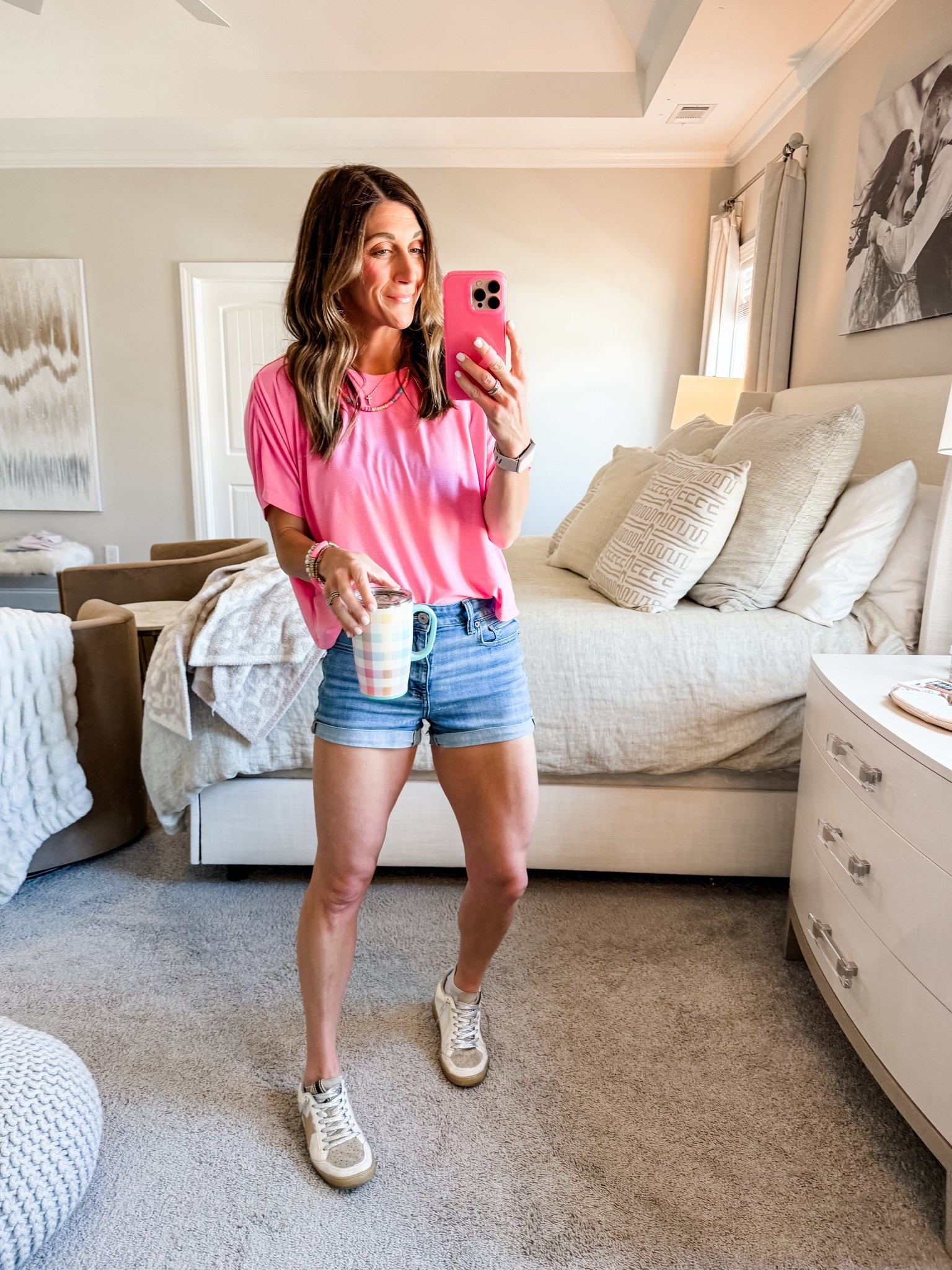 Tee is Athleta With Ease tee. Size small comes in other colors 
Shorts are old from American Eagle size 6
Shoes are old Shu Shop-linking similar 

Accessories also linked. 
Loopy phone case is 10% off code: watsonansley10 

Outfit | ootd | tee | t-shirt | denim shorts | jean shorts | shu shop | shoes | sneakers | athleta | American Eagle | electric picks | beaded | necklace | bracelets | coffee cup | swig | mug | phone case 

#LTKmomlife #LTKootd