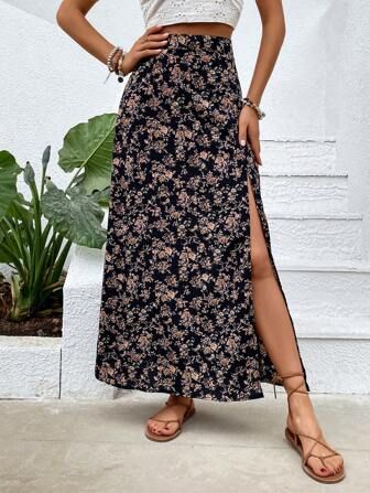 SHEIN VCAY Ditsy Floral Print Split Thigh Skirt | SHEIN