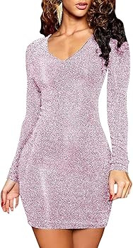 Meenew Women's Long Sleeve Sequin Dress Back Lace Up Bodycon Glitter Party Dress | Amazon (US)