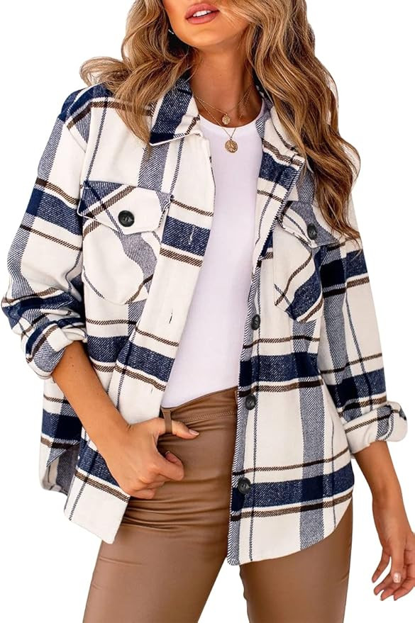 AUTOMET Womens Casual Plaid Shacket Wool Blend Button Down Long Sleeve Shirt Fall Jacket Shackets | Amazon (US)
