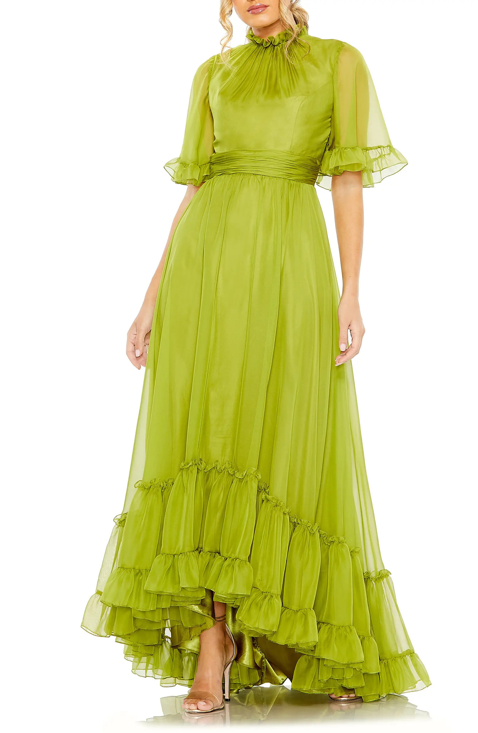Ruffle High Neck Flutter Sleeve A-Line Gown | Nordstrom