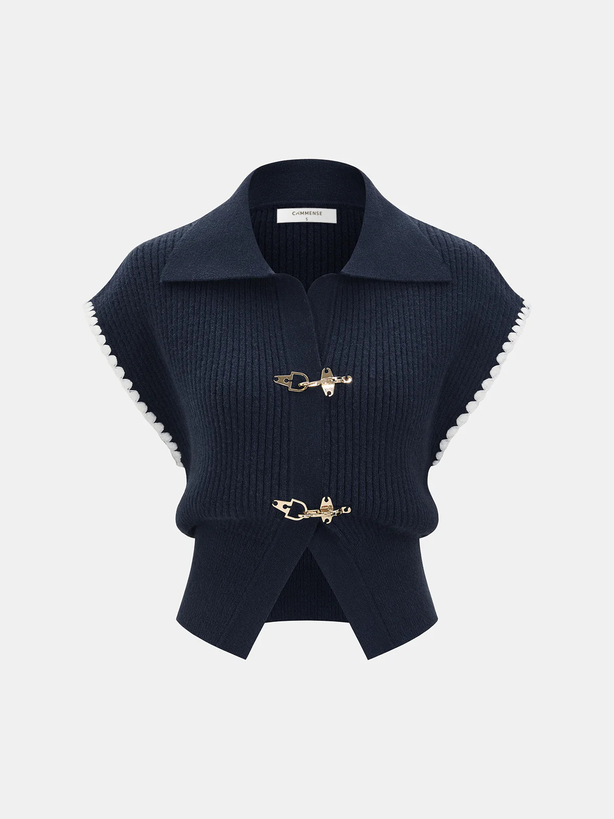 Metal Clasp Contrast Trim Collared Knit Vest | Commense