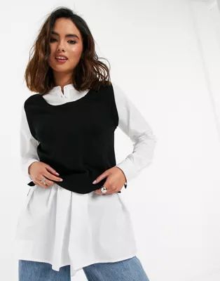 New Look 2-in-1 knit vest and volume sleeve shirt in black | ASOS (Global)