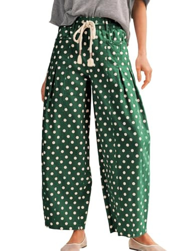 VATEAMI Women's Polka Dot Linen Pants with Pockets (Green-S) | Amazon (US)
