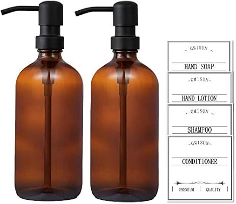 GMISUN 16oz Amber Glass Soap Dispenser with Rustproof Matte Black Stainless Steel Pump and Labels... | Amazon (US)