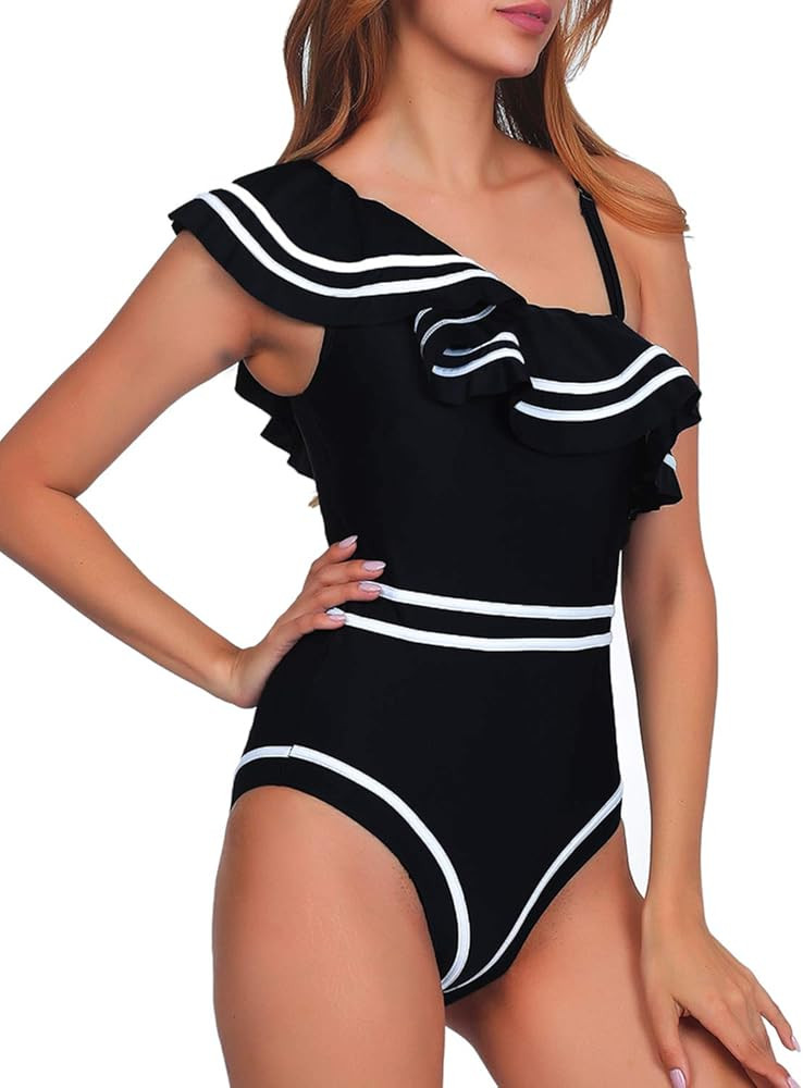 Women One Piece Nave Vintage Swimsuits One Shoulder Ruched Flounce High Waisted Swimwear Nautical... | Amazon (US)