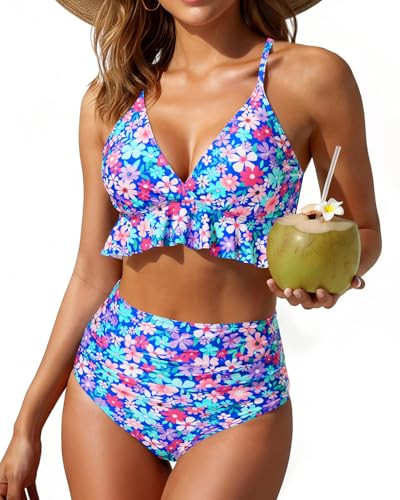 Amazon.com: Tempt Me Women Blue Floral High Waisted Ruffle Bikini Set Two Piece Swimsuits Flounce... | Amazon (US)