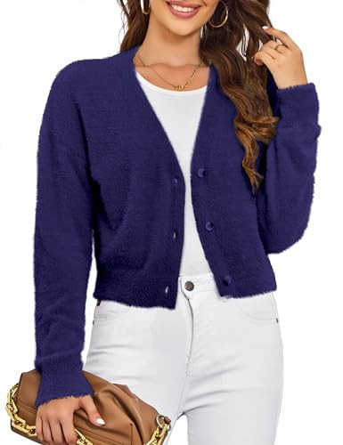 VERABENDI Womens Sweaters Fuzzy Drop Shoulder Buttons Cropped Navy Blue Cardigan for Women, Small | Amazon (US)