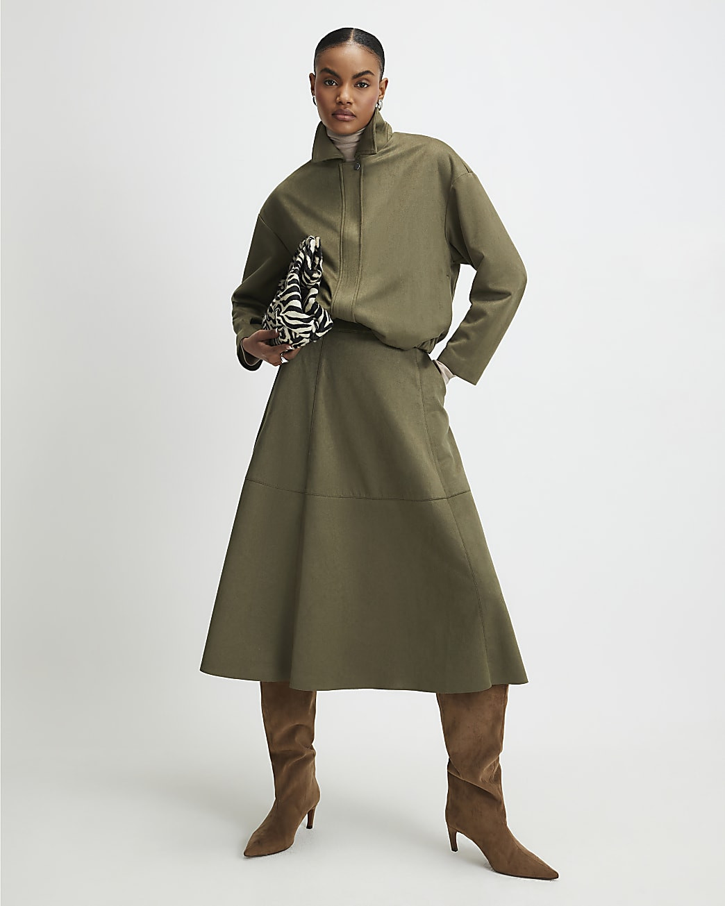 Khaki Faux Suede Bomber Jacket | River Island UK & IE