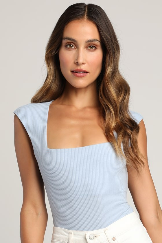 Sweet Crush Light Blue Ribbed Square Neck Bodysuit | Lulus