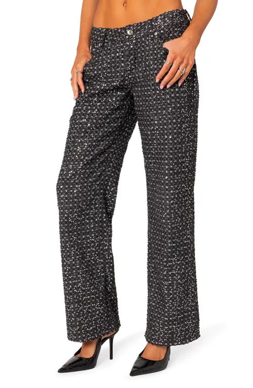EDIKTED Nyah Sequin Low Rise Wide Leg Jeans in Black at Nordstrom, Size Large | Nordstrom
