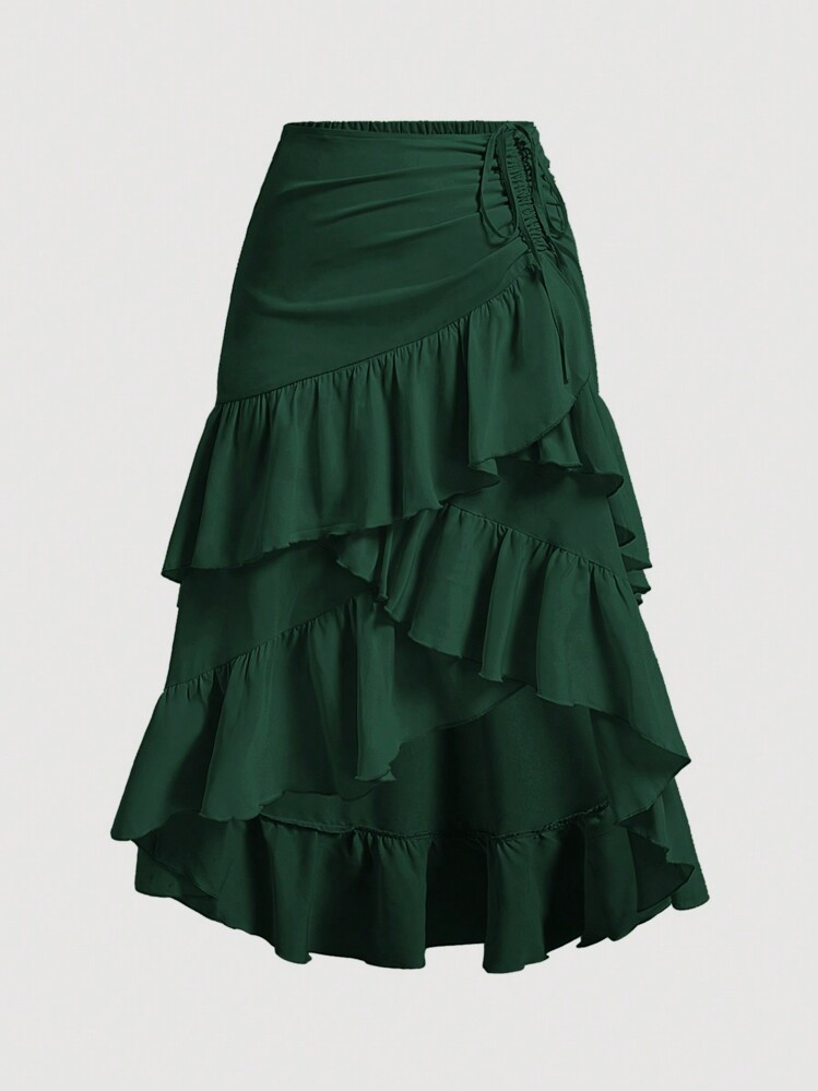 SHEIN MOD Plus Size Women's Asymmetric Ruffle Drawstring Gathered Layered Party Skirt | SHEIN