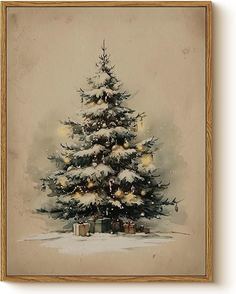 Vintage Presents and Snowy Christmas Tree Framed Wall Art, 12x16 Inch Winter Holiday Festive Seas... | Amazon (US)