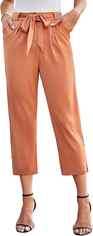 JASAMBAC Women's Summer Casual Cropped Pants Business Loose High Waist Comfy Satin Trousers with ... | Amazon (US)