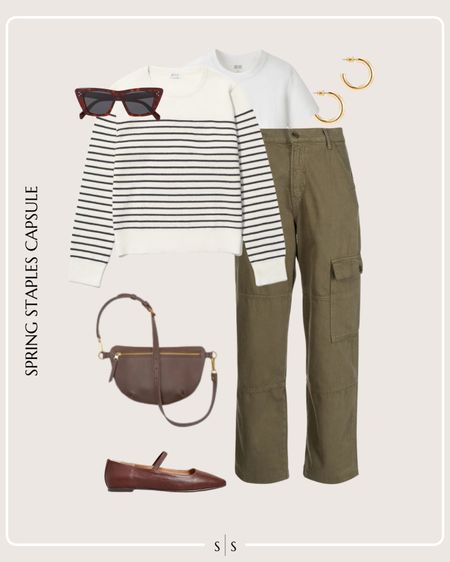 Spring Staples Capsule Wardrobe outfit idea | cargo olive pant, striped sweater, white tee, ballet flat, hands free sling bag, sunglasses, gold jewelry hoops

See the entire staples capsule on thesarahstories.com ✨ 


#LTKstyletip