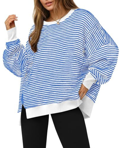 Fisoew Women's Fall Oversized Sweatshirt Casual Waffle Knit Long Sleeve Crewneck Split Pullover Tunic Tops White | Amazon (US)