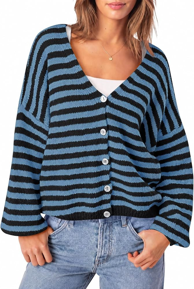 Saodimallsu Womens Oversized Striped Cardigan Fall Trendy V Neck Sweaters | Amazon (US)