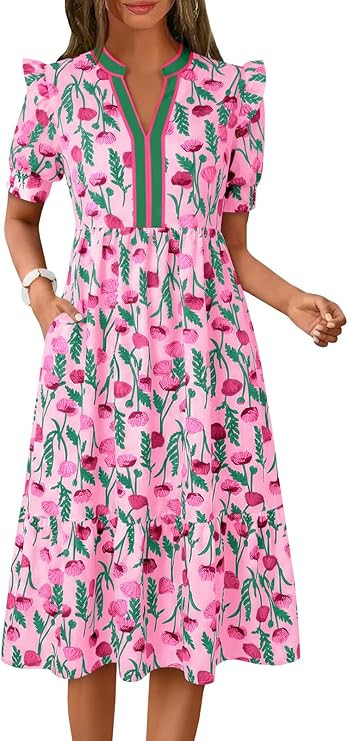 Wenrine Womens Summer Midi Dress Casual Floral Puff Short Sleeve V Neck Swing Flowy Boho Beach Dr... | Amazon (US)