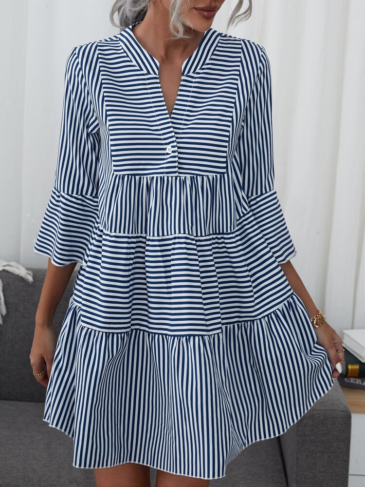 Striped Single Button Front Flounce Hem Dress | SHEIN
