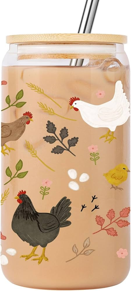 16 oz Cottagecore Glass Cup w/Lid & Straw, Funny Chicken Gifts for Chicken Lovers, Women, Men, Ow... | Amazon (US)