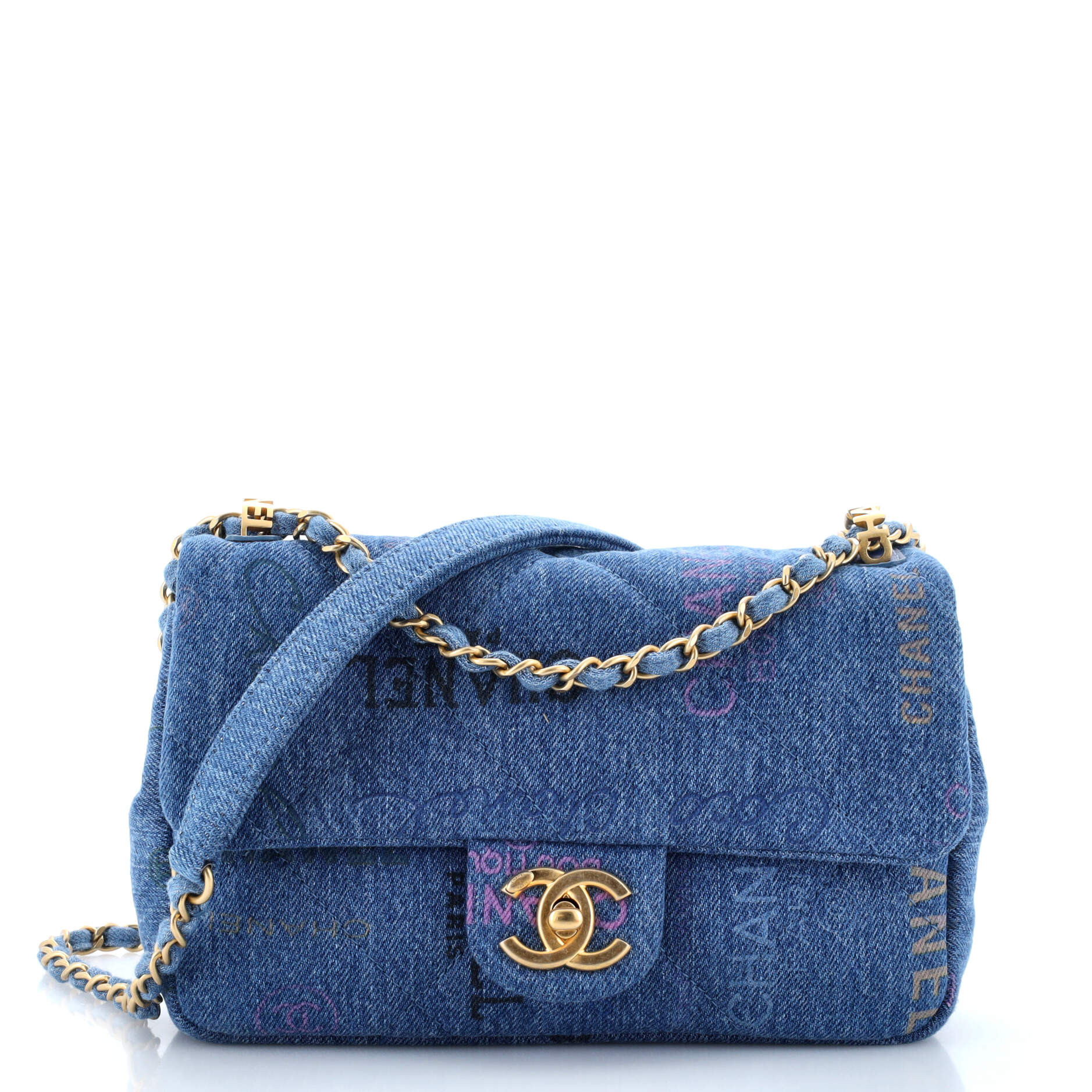 Denim Mood Flap Bag Logo Printed Quilted Denim Small | Shop Simon
